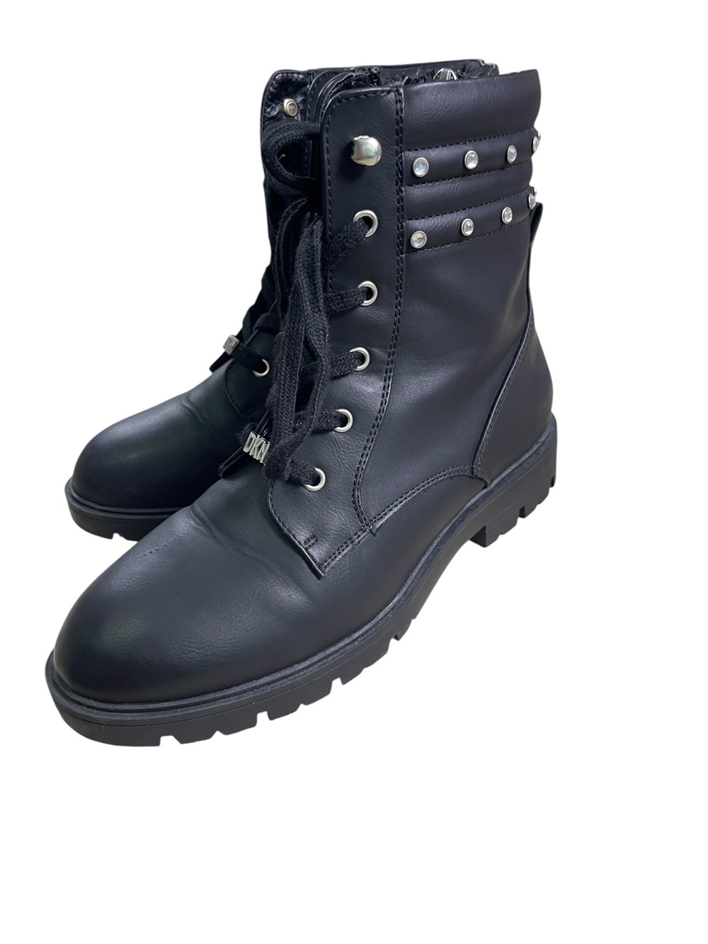 DKNY Black Lace-Up Combat Boots with Stud Accents